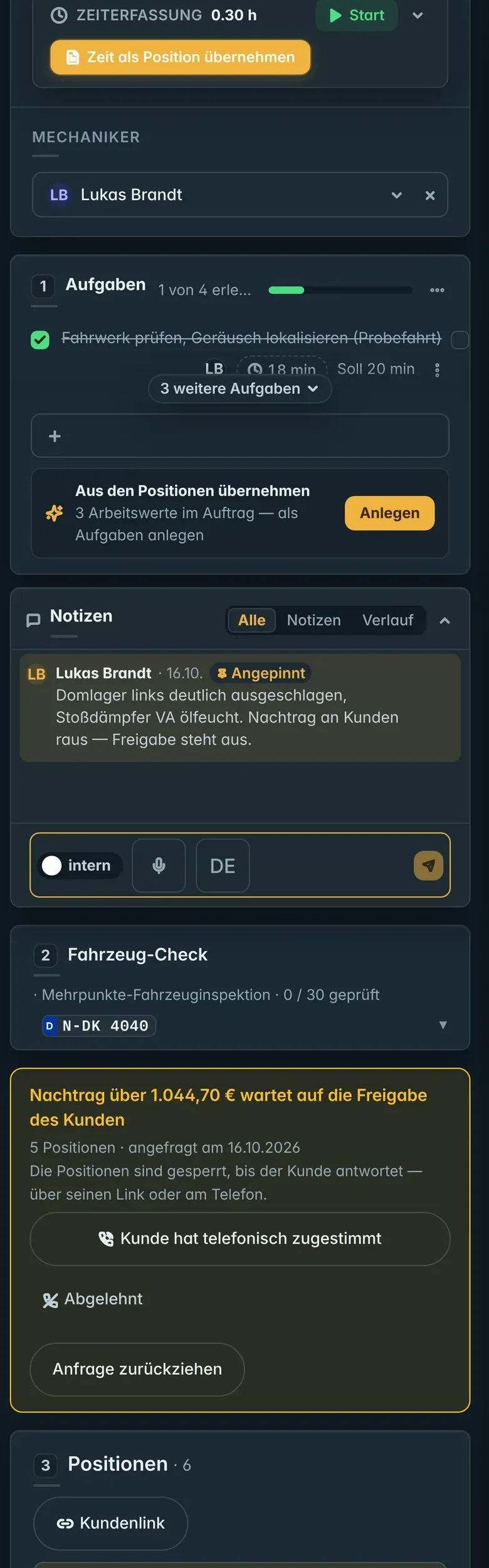 Auftrag am Handy: Notiz von Lukas und der Nachtrag, der auf die Freigabe wartet