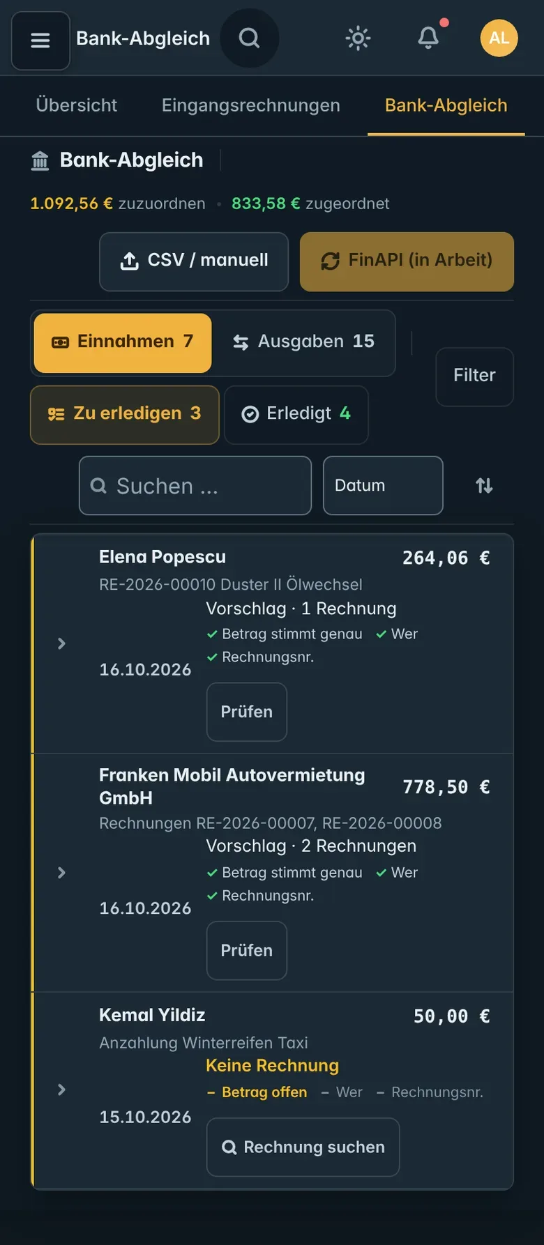 Bank-Abgleich am Handy: Zahlung mit Vorschlag für die passende Rechnung