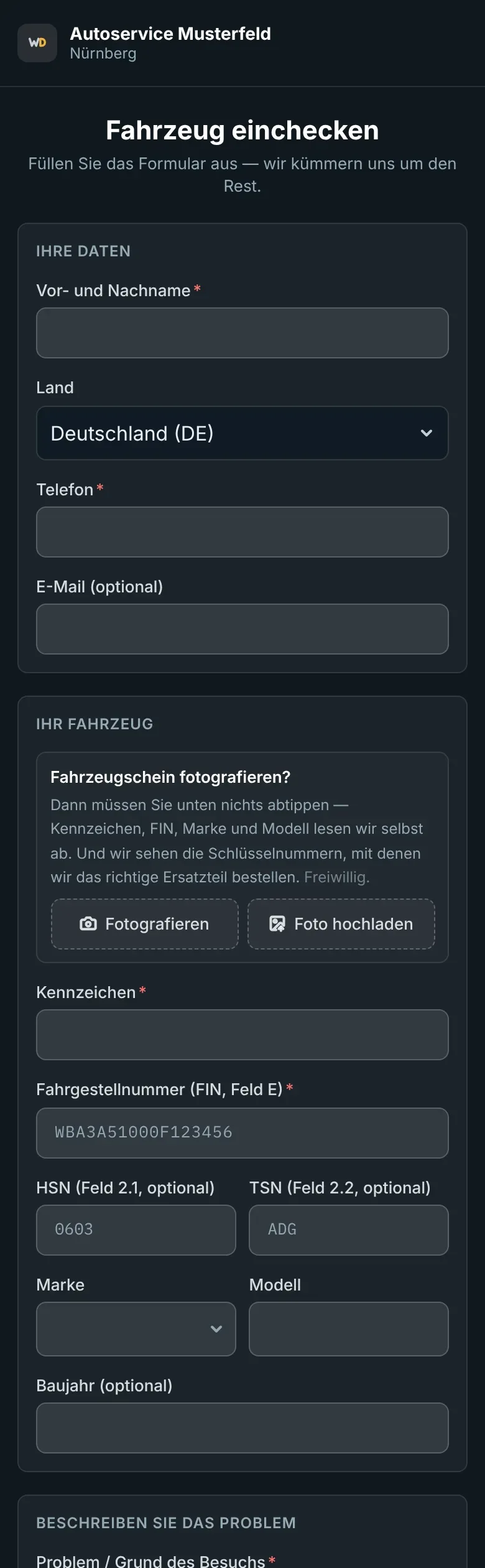 Eincheck am Handy: Daten des Kunden, Foto vom Fahrzeugschein, Kennzeichen und FIN