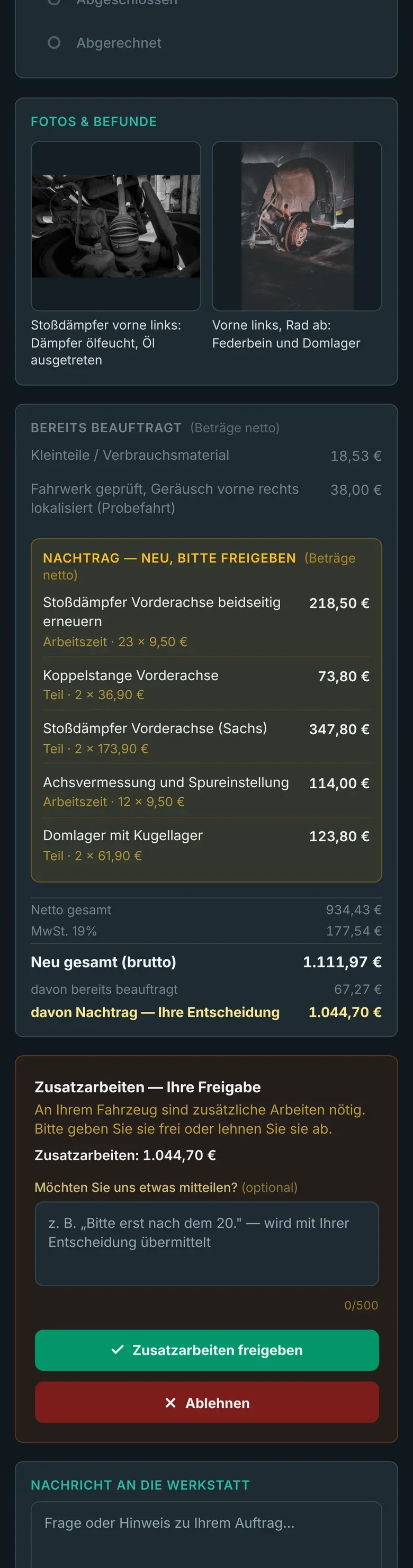 Kundenansicht am Handy: Fotos vom Befund, Zusatzarbeiten mit Preisen und Knopf zum Freigeben