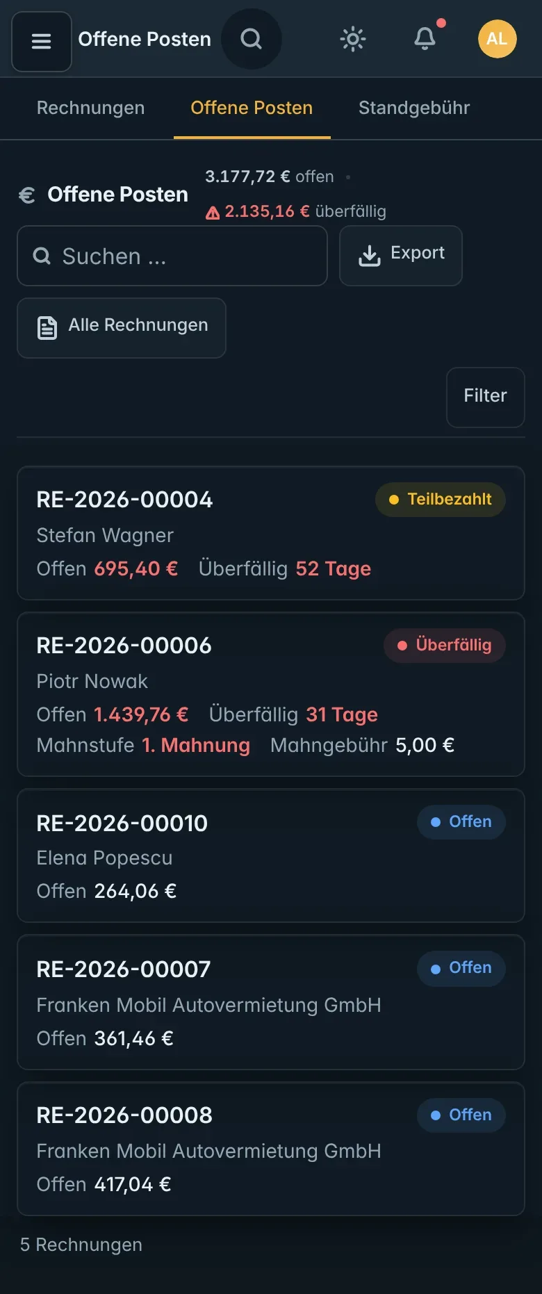 Offene Posten am Handy: überfällige Rechnung mit 1. Mahnung