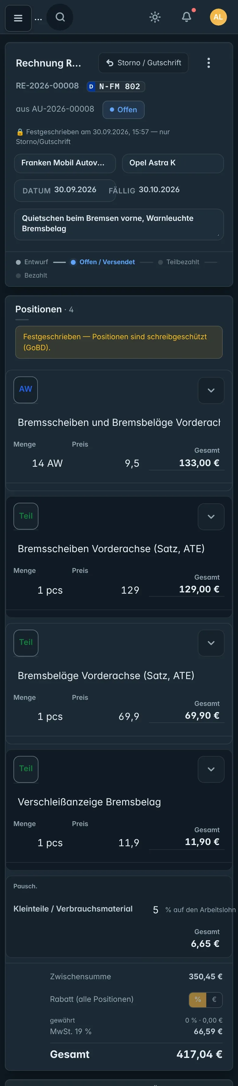 Rechnung am Handy: festgeschrieben nach GoBD, Positionen und Gesamtbetrag