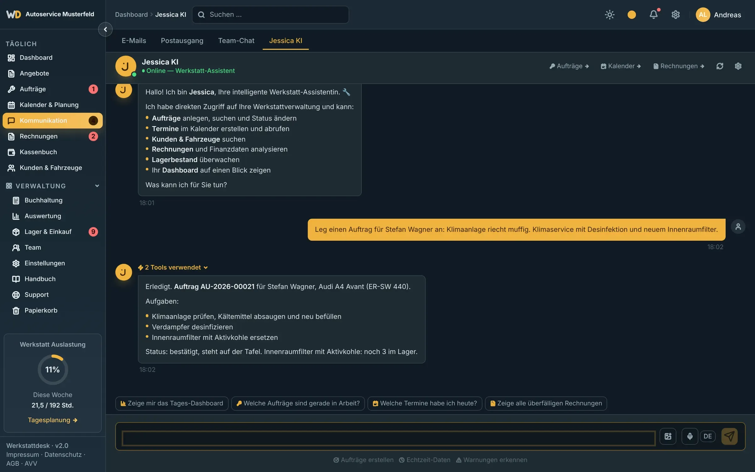 Jessica im Chat: Auftrag AU-2026-00021 für Stefan Wagner mit drei Aufgaben angelegt