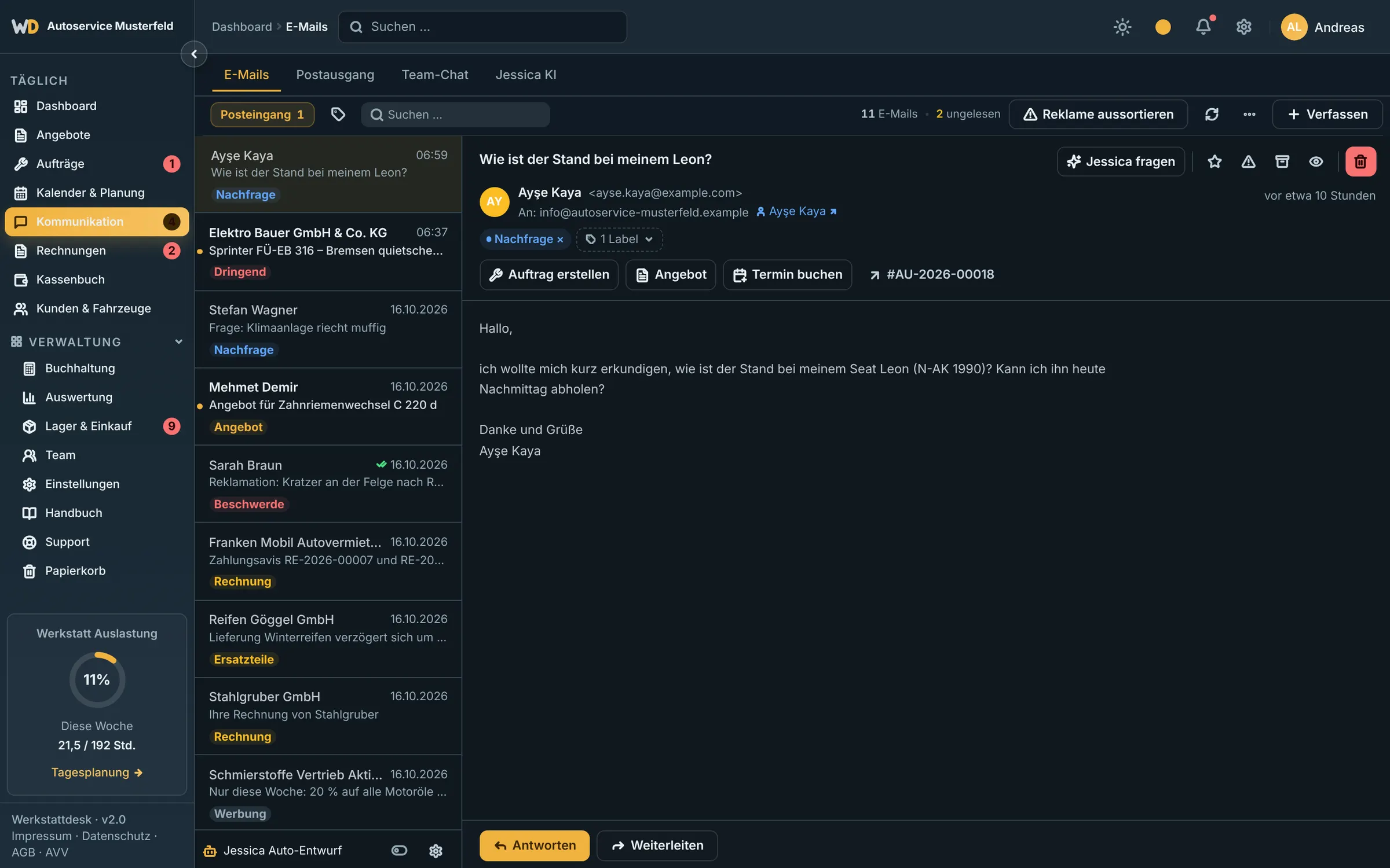 Posteingang in Werkstattdesk: E-Mails mit Stichwort Nachfrage, Dringend, Angebot, Beschwerde, Rechnung