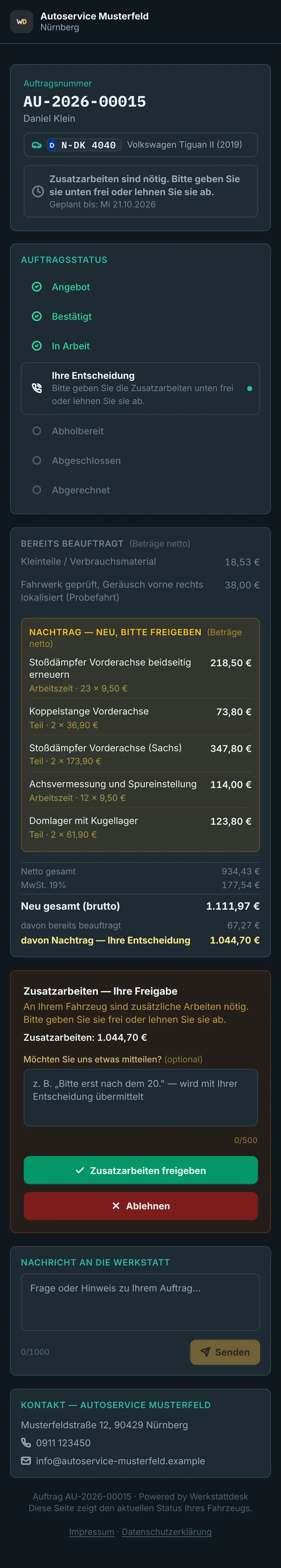 Kundenansicht am Handy: Zusatzarbeiten mit Preis und Knopf zum Freigeben